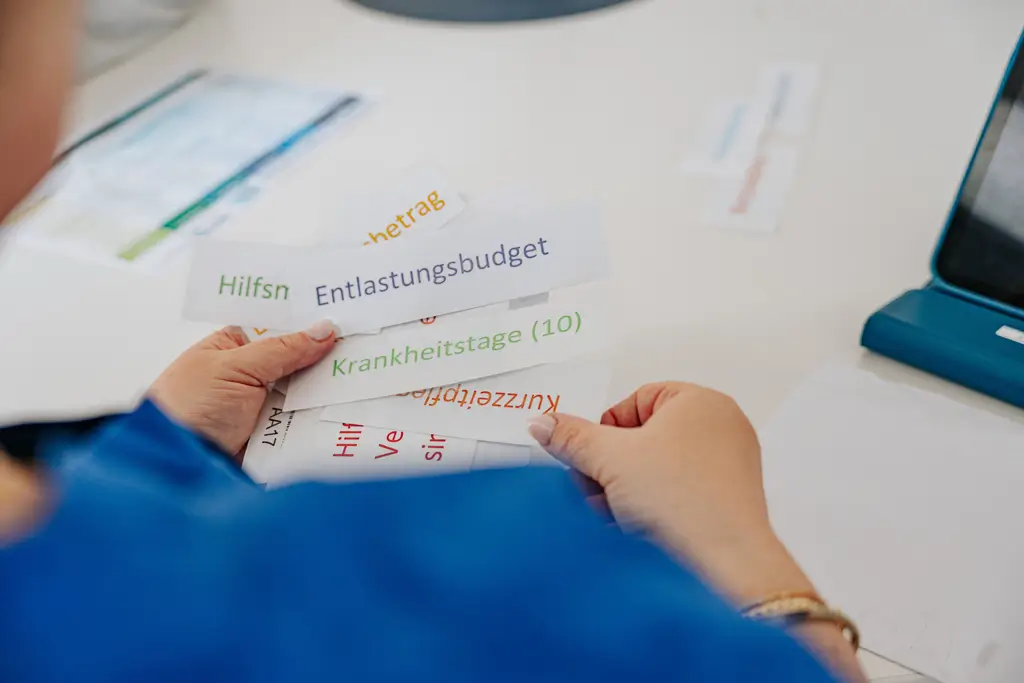 Person hält mehrere beschriftete Papierstreifen mit Begriffen wie 'Hilfsn', 'Entlastungsbudget' und 'Krankheitstage (10)' über einem weißen Tisch