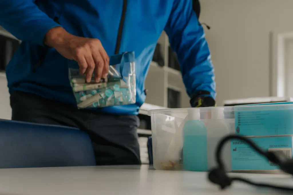 Person in blauem Oberteil packt mehrere kleine Tuben in einen durchsichtigen Beutel an einem Tisch mit weiteren Behältern